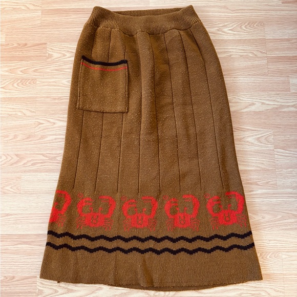Vintage Dresses & Skirts - 1970s vintage style retro Astrological Zodiac Cancer Crab Brown Knit Midi Skirt